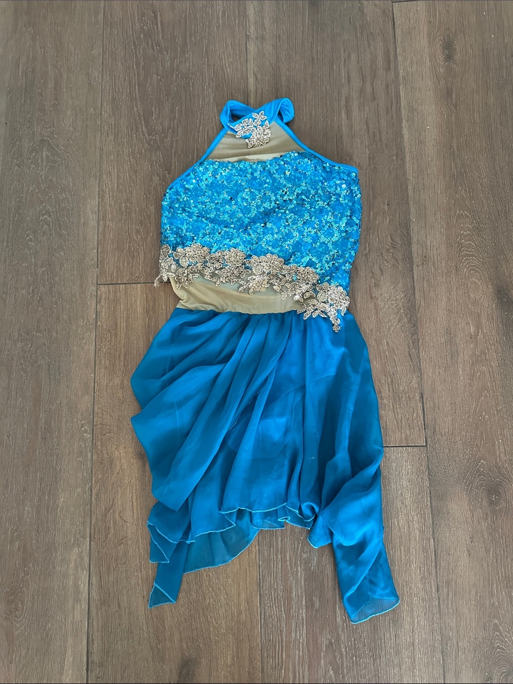 Glamour Sparkling Teal Dance Costume with Gold Accent - Adult XL.